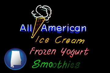 a neon sign, advertising ice cream, frozen yogurt, and smoothies - with Alabama icon