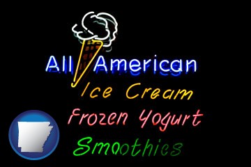 a neon sign, advertising ice cream, frozen yogurt, and smoothies - with Arkansas icon