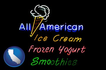 a neon sign, advertising ice cream, frozen yogurt, and smoothies - with California icon
