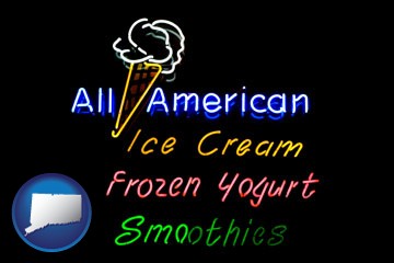 a neon sign, advertising ice cream, frozen yogurt, and smoothies - with Connecticut icon