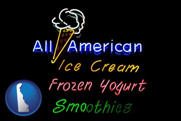 a neon sign, advertising ice cream, frozen yogurt, and smoothies - with Delaware icon