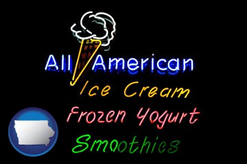 a neon sign, advertising ice cream, frozen yogurt, and smoothies - with Iowa icon
