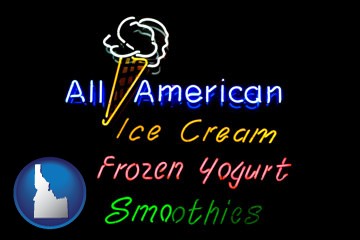 a neon sign, advertising ice cream, frozen yogurt, and smoothies - with Idaho icon