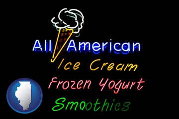 a neon sign, advertising ice cream, frozen yogurt, and smoothies - with Illinois icon