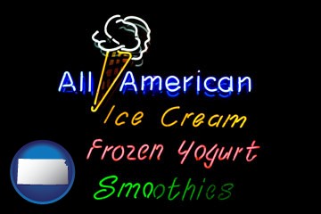 a neon sign, advertising ice cream, frozen yogurt, and smoothies - with Kansas icon