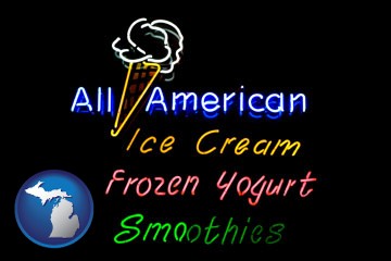 a neon sign, advertising ice cream, frozen yogurt, and smoothies - with Michigan icon