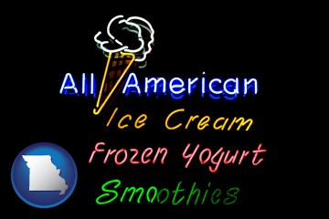 a neon sign, advertising ice cream, frozen yogurt, and smoothies - with Missouri icon