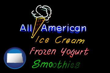 a neon sign, advertising ice cream, frozen yogurt, and smoothies - with North Dakota icon