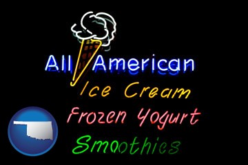 a neon sign, advertising ice cream, frozen yogurt, and smoothies - with Oklahoma icon