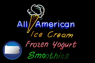 a neon sign, advertising ice cream, frozen yogurt, and smoothies - with Pennsylvania icon