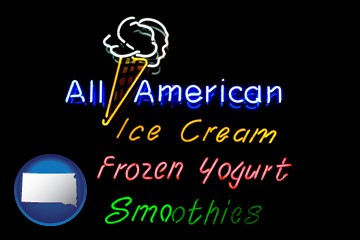 a neon sign, advertising ice cream, frozen yogurt, and smoothies - with South Dakota icon
