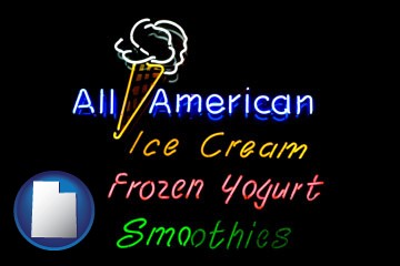 a neon sign, advertising ice cream, frozen yogurt, and smoothies - with Utah icon