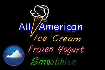a neon sign, advertising ice cream, frozen yogurt, and smoothies - with Virginia icon
