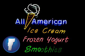 a neon sign, advertising ice cream, frozen yogurt, and smoothies - with Vermont icon