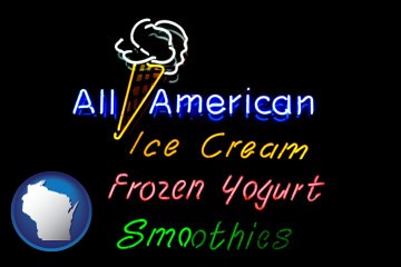a neon sign, advertising ice cream, frozen yogurt, and smoothies - with Wisconsin icon