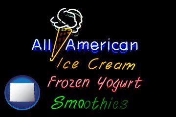 a neon sign, advertising ice cream, frozen yogurt, and smoothies - with Wyoming icon