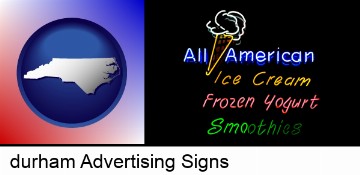 a neon sign, advertising ice cream, frozen yogurt, and smoothies in durham, NC